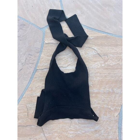 Free People Beach Black Knit Open Back Top Tie Neck Waist Small Boho - Picture 1 of 4